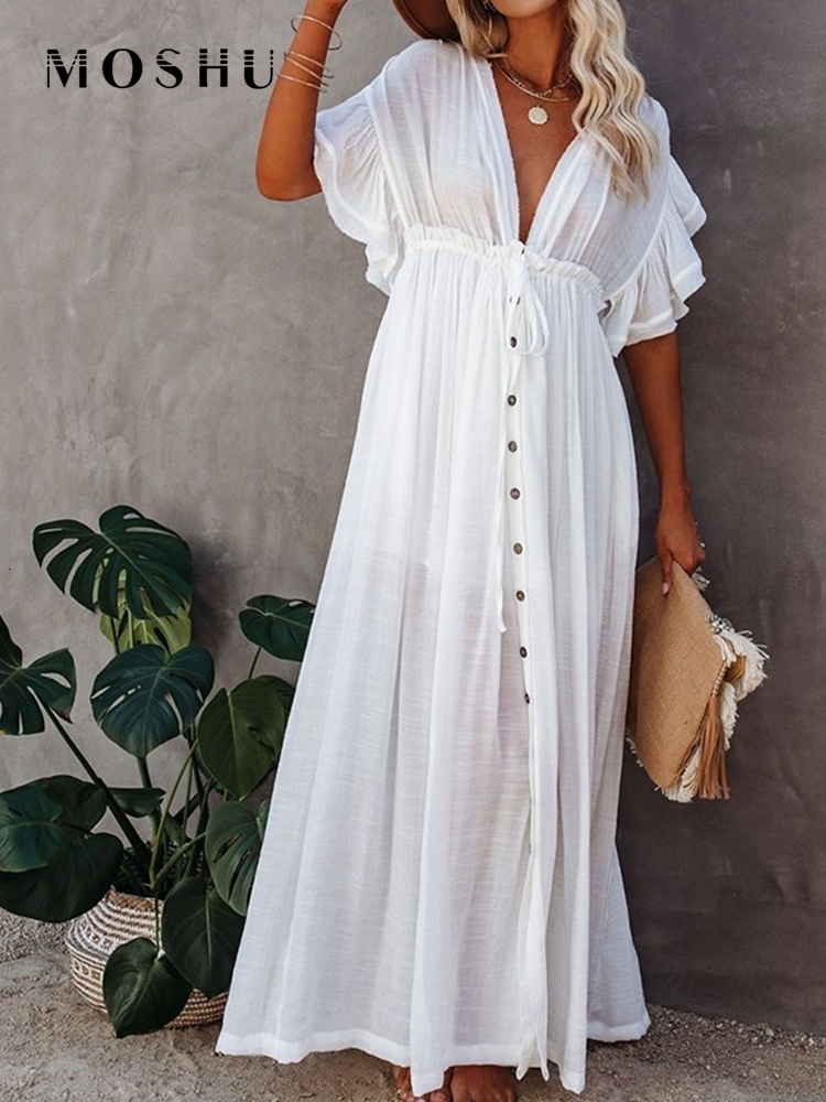 Casual Dresses Summer Beach Maxi Dress Women Boho Long Bikini Cover Up High Waist V-Neck Sexy White Vestidos De Mujer 230217