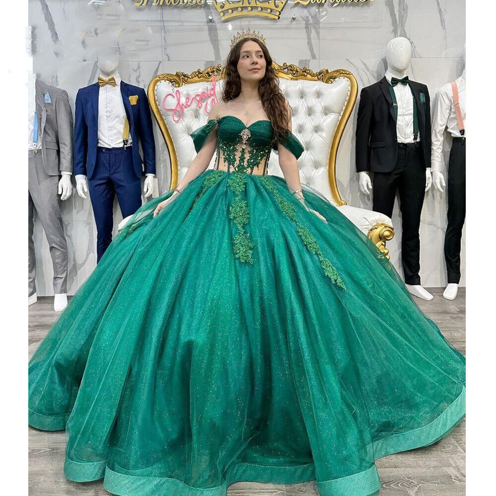 Charming Green Vestido De Quinceanera Dresses 15 Anos Princess Off Shoulder Ball Gown Vestidos Para Quinceanera Baratos Xv Lace Robes De Bal Prom Part