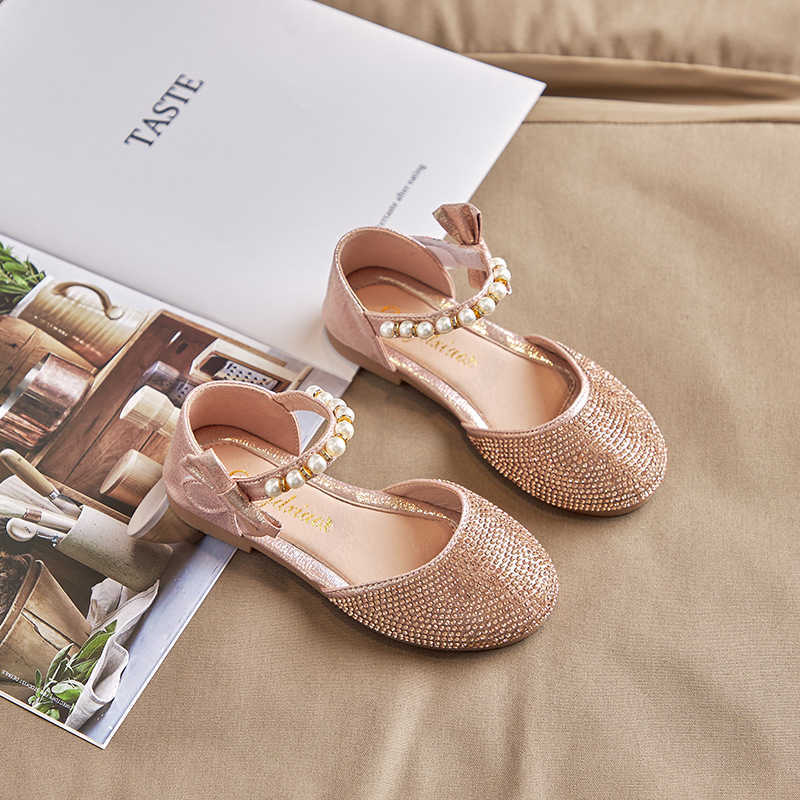 Sandals Girls Princess Sandals Children's Pearl Bow Rhinestone Flats Shoes Little Children Sweet Soft Non-slip Kids Shoes E954 W0217