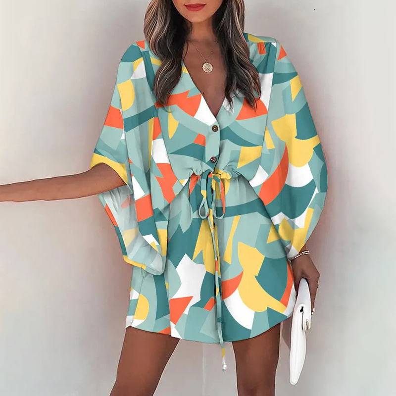 Casual Dresses Summer Beach Mini Women Boho Print V Neck Lace Up Button Batwing Sleeve Female Sexy Party Dress Vestidos 230217