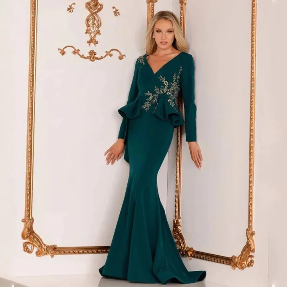 Elegant Dark Green Mermaid Evening Dresses For Women Long Sleeves V-neck Lace Appliques Ruffles Peplum Chic Prom Party Special Occasion Gowns