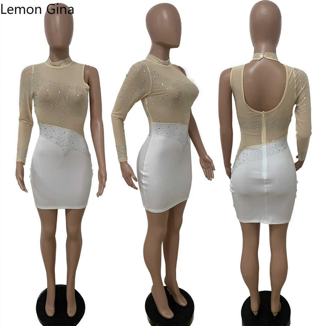 Casual Dresses Lemon Gina Spring Winter Women Diamonds Hot Rhinestones Mesh See Though Patchwork One Long Sleeve Bodycon Open Back Mini Dress Z0216