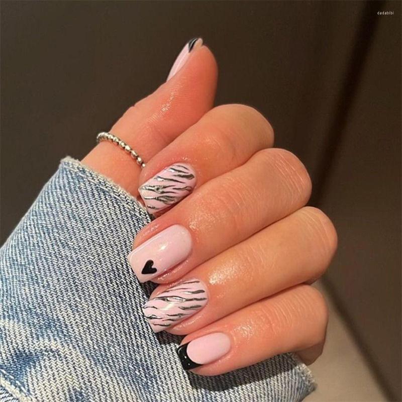 False Nails 24pcs Square French Black Love Pattern Silver Line Full Cover Detachable Nail Tips Press On Manicure Tool, Only fake nails
False Nails 24pcs Square French Black Love Pattern Silver Line Full Cover Detachable Nail Tips Press On Manicure Tool, Only fake nails