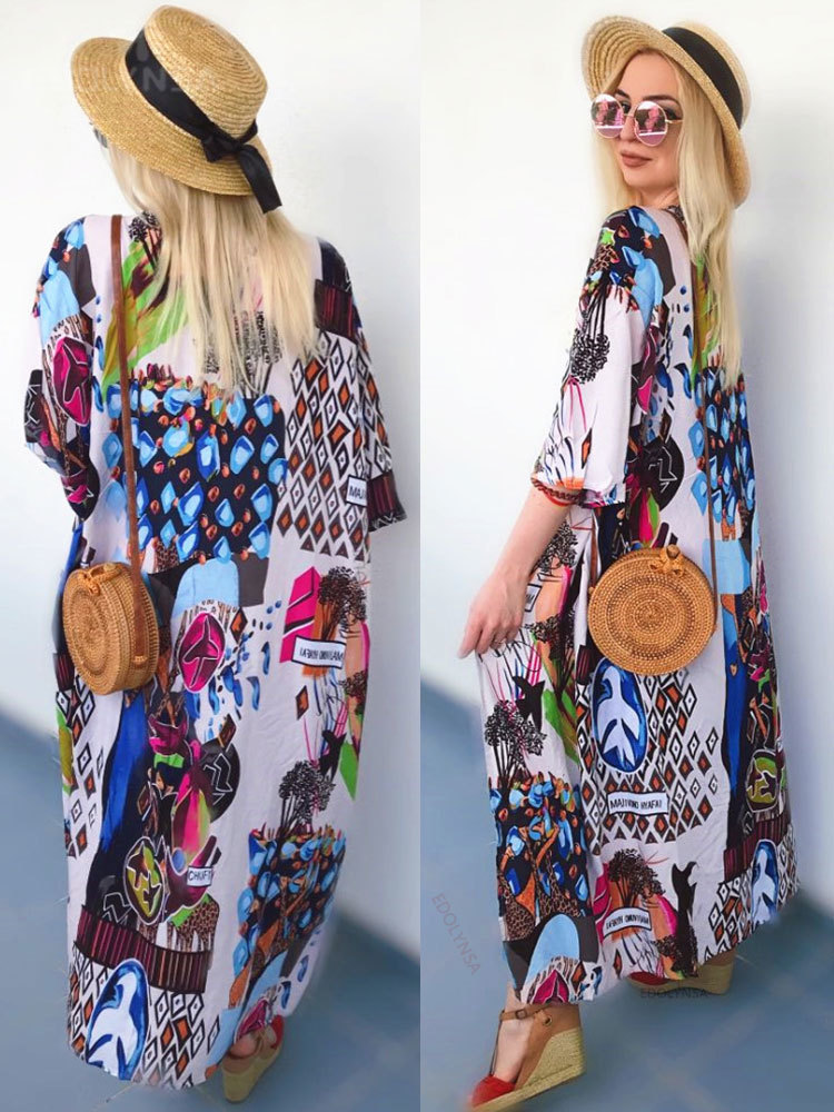 Casual Dresses Boho Print Half Sleeve Dress Summer Beach Wear Long Kimono Plus Size Women Clothes Sexy V-neck Lady Loose N796 230217