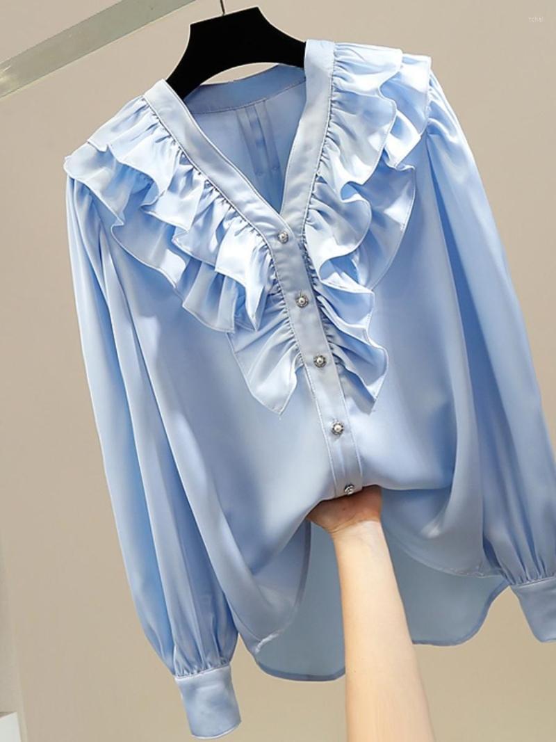 Women' Blouses Sweet Laminated Three-Dimensional Ruffled V-neck Patchwork Single-Breasted Blouse Fashion Irregular Loose Satin Shirt For, Blue
Women' Blouses Sweet Laminated Three-Dimensional Ruffled V-neck Patchwork Single-Breasted Blouse Fashion Irregular Loose Satin Shirt For, Blue
