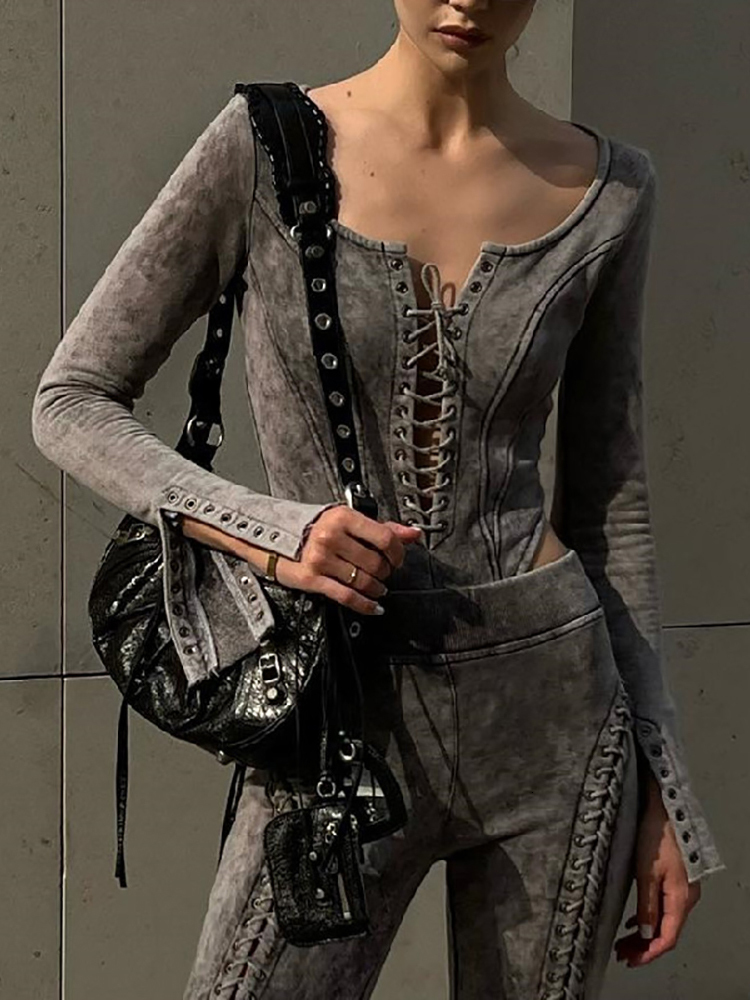 Women's Jumpsuits Rompers Goth Dark Cyber Gothic Techwear Bandage Women Bodysuits Y2k Punk Eyelet Long Sleeve Skinny Tshirts Vintage Patchwork St