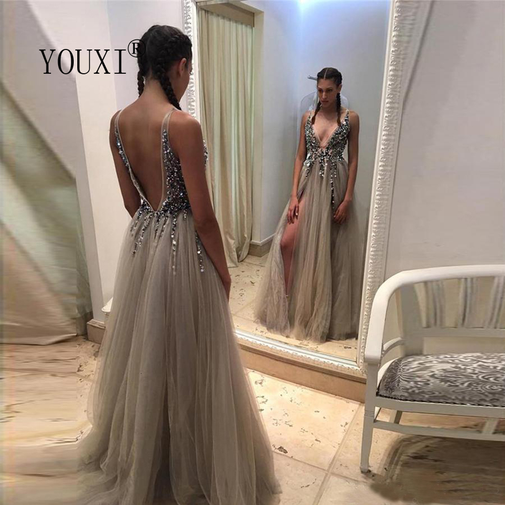 Party Dresses Beading Prom Dresses Long V Neck Light Gray High Split Tulle Sweep Train Sleeveless Evening Gown A-Line Backless Vestido De 230217