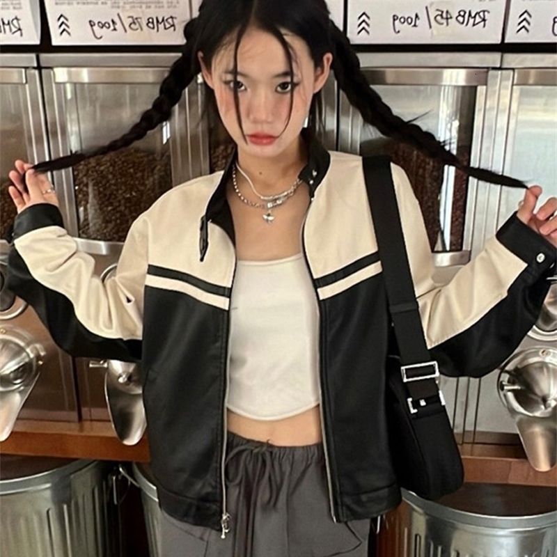 Womens Leather Tonngirls Leather Jacket Women Casual PU Y2k Vintage Jackets Female Patchwork Streetwear American Retro Locomotive Coat Leather 230216