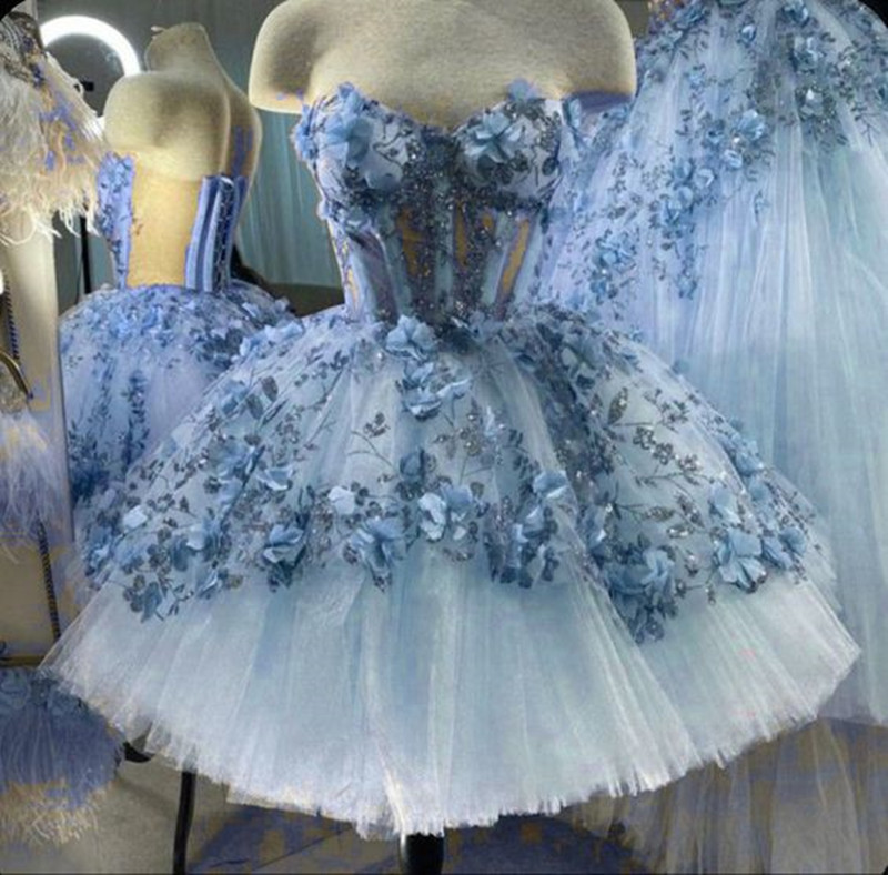 Sky Blue Princess Short evening Dresses Sweetheart 3D Floral Embroidery Lace-up Corset Puffy prom Homecoming Dress obes de soire