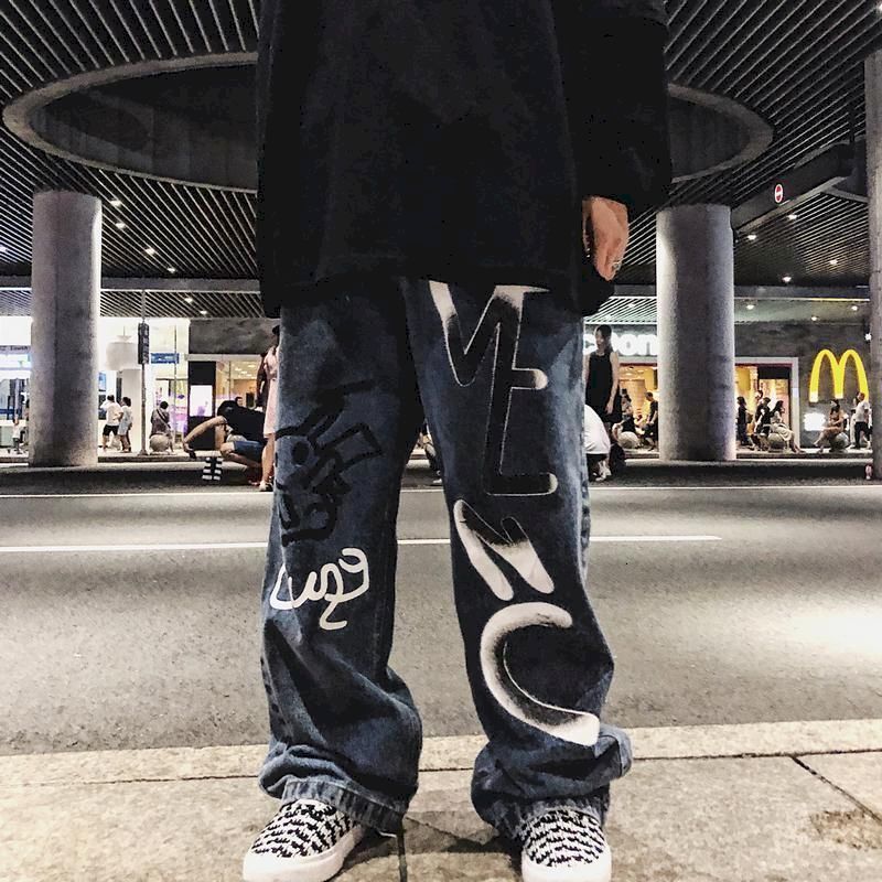 Men's Jeans Y2k Mens Korean Casual Streetwear Blue Harajuku Vintage Jeans Graffiti Wide Leg Baggy Straight Denim Pants Trousers Men Clothes 23021