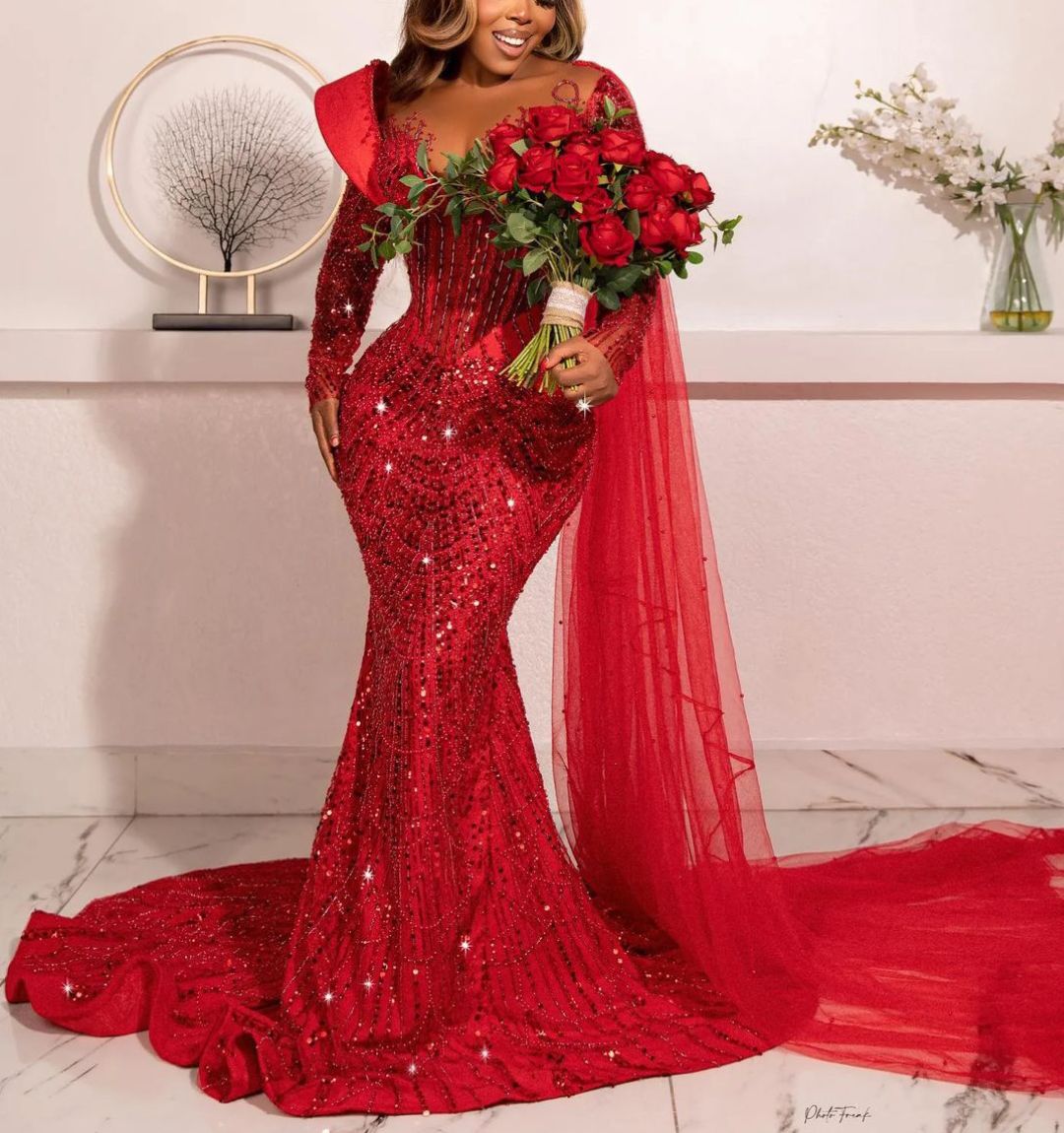 Red Luxury Mermaid Prom Dresses Long Sleeves V Neck 3D Lace Sexy Appliques Sparkly Sequins Beaded Floor Length Celebrity Train Evening Dresses Plus Si