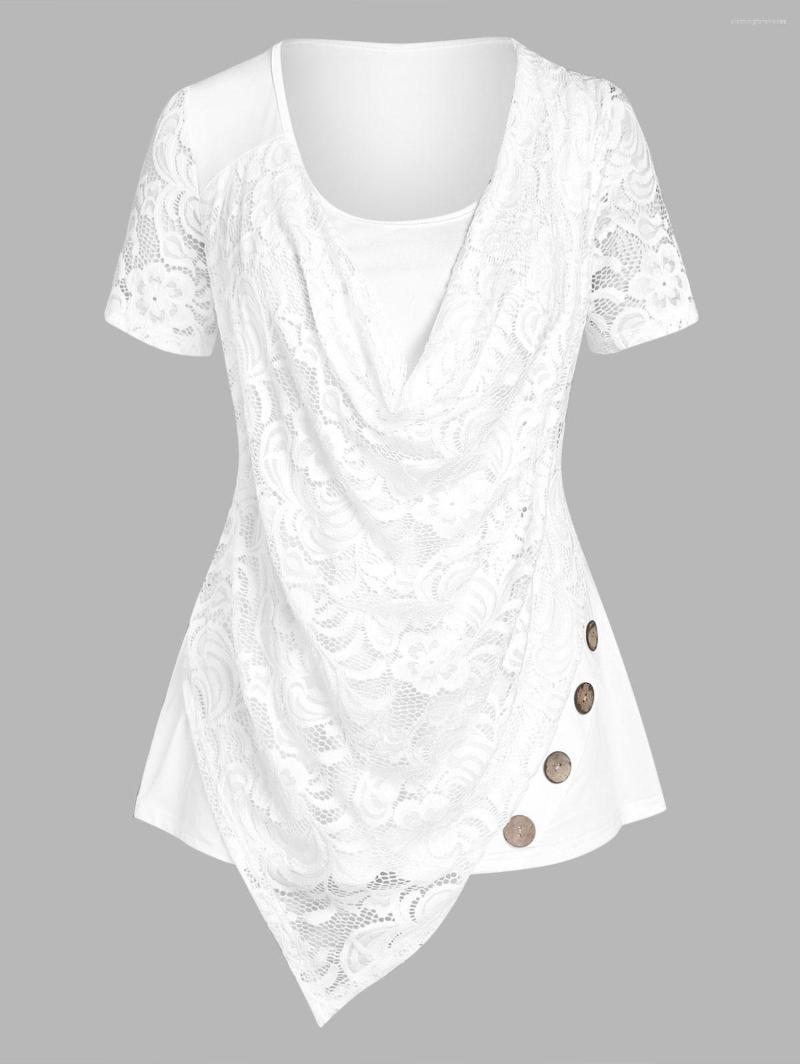 

Women's T Shirts ROSEGAL White Lace Overlay Cowl Front Tee Female Fashion Scoop Neck Asymmetric Blouses Top High Stretch Women's