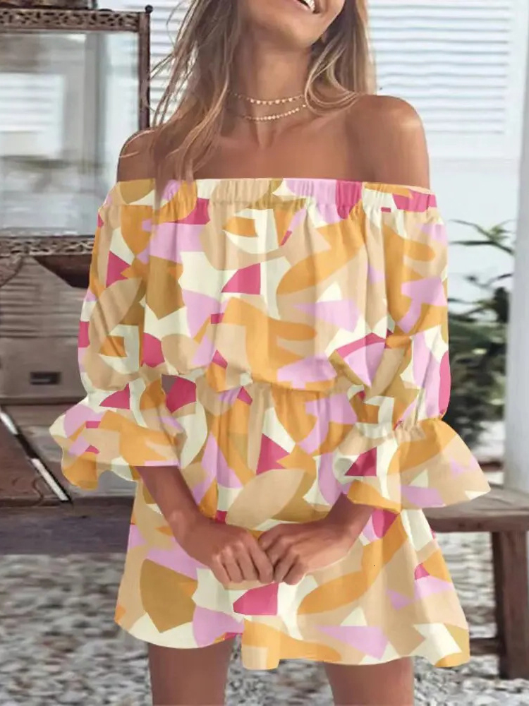 Casual Dresses Sexy Off Shoulder Women Chiffon Floral Beach Fashion Elegant Long Sleeve Party Summer Boho Mini 230217