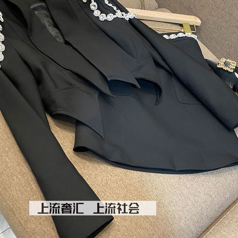 Two Piece Dress Diamond Chain Irregular Jacket OL Turn Down Collar Blazer Coat Crystal Tops Beads Package Skirt Woman Suit 2pcs Set 230216