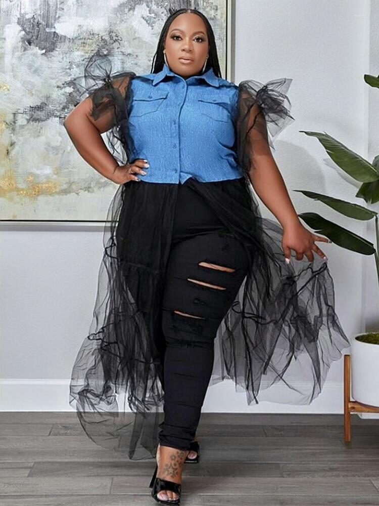 Plus Size Dresses Summer Women Clothing Large Dress Denim Patchwork Mesh Long Short Sleeve Shirt Wholesale Drop, Black
Plus Size Dresses Summer Women Clothing Large Dress Denim Patchwork Mesh Long Short Sleeve Shirt Wholesale Drop, Black