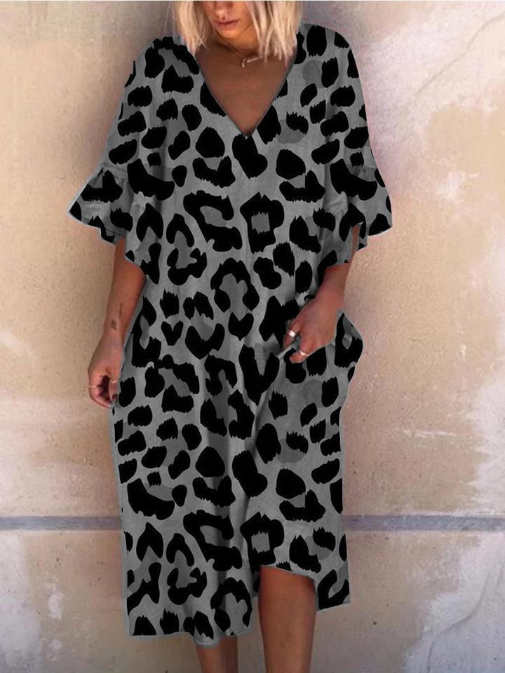 Casual Dresses Summer Fashion Women Loose Boho Elegant Dress Large Big Party Ruffle Sleeve Leopard Print 230217