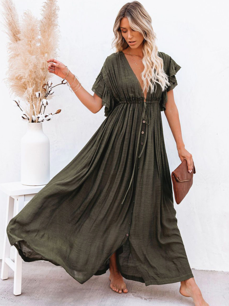 Casual Dresses Summer Beach Maxi Dress Women Boho Long Bikini Cover Up High Waist V-Neck Sexy White Vestidos De Mujer 230217