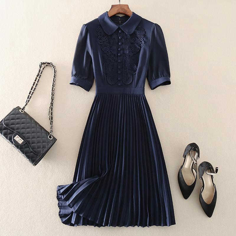 Casual Dresses Vintage Embroidered Pleated Dress Women Summer Chic Sweet Short Sleeve Midi Party Dress Elegant Slim Waist ALine Dresses Z0216