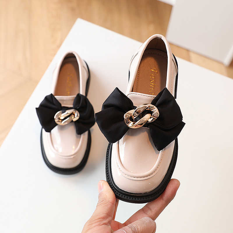 Sandals Girl's Loafers Metal Silk Bowknot Fashion Spring Children Leather Shoes Slip-on Black White 26-36 School Daily Spring Kids Shoe W0217