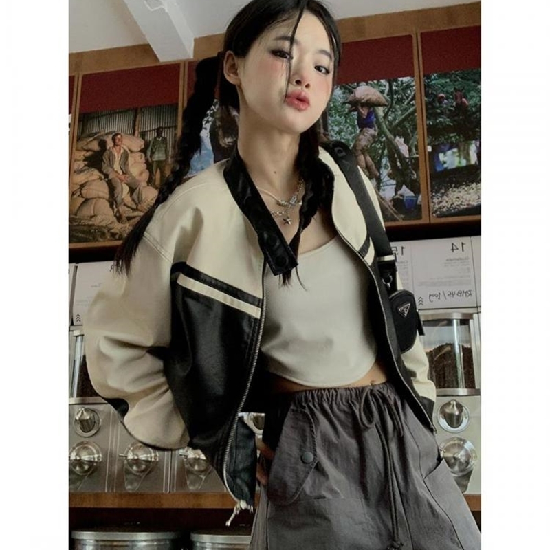 Womens Leather Tonngirls Leather Jacket Women Casual PU Y2k Vintage Jackets Female Patchwork Streetwear American Retro Locomotive Coat Leather 230216