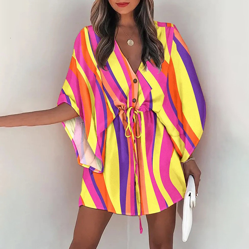 Casual Dresses Summer Beach Mini Women Boho Print V Neck Lace Up Button Batwing Sleeve Female Sexy Party Dress Vestidos 230217