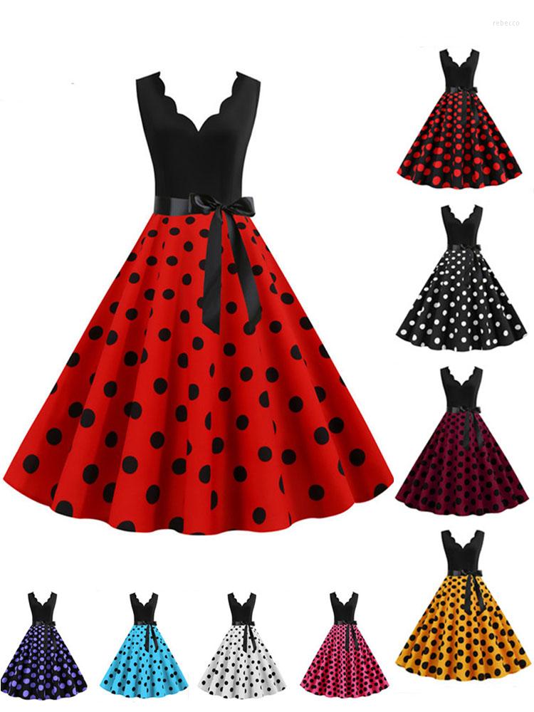 

Casual Dresses Polka Dot Retro Summer Womens 2023 Swing 50s 60s Rockabilly Sexy V-neck Bow Pinup Vintage Dress Female Party Vestidos, Petticoat red