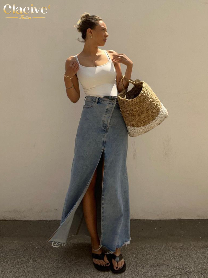 Skirts Clacive Vintage Loose Chic Skirts For Women Elegant High Waist Office Lady Long Skirt Fashion Blue Denim Skirt Female Clothing 230217