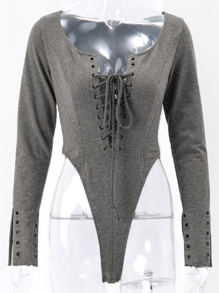 Women's Jumpsuits Rompers Goth Dark Cyber Gothic Techwear Bandage Women Bodysuits Y2k Punk Eyelet Long Sleeve Skinny Tshirts Vintage Patchwork St