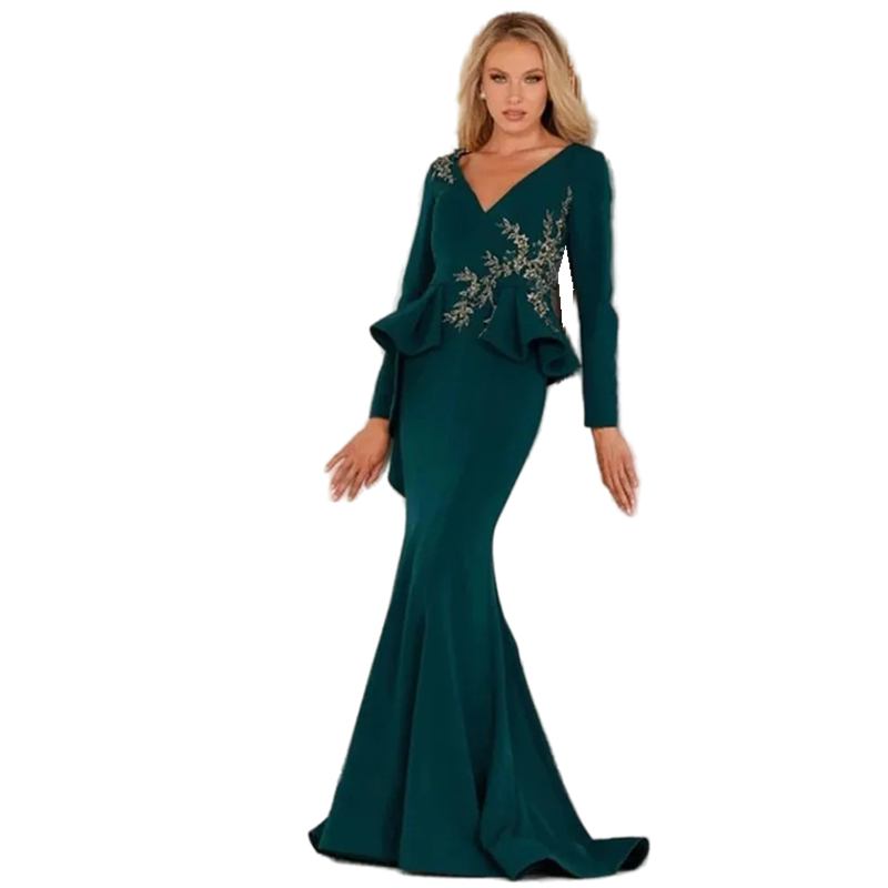 Elegant Dark Green Mermaid Evening Dresses For Women Long Sleeves V-neck Lace Appliques Ruffles Peplum Chic Prom Party Special Occasion Gowns