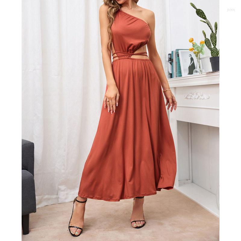Casual Dresses Women A-line Dress Sexy Low Cut Elastic Waist Out Backless Sleeveless Solid Color Ankle Long Elegant Party