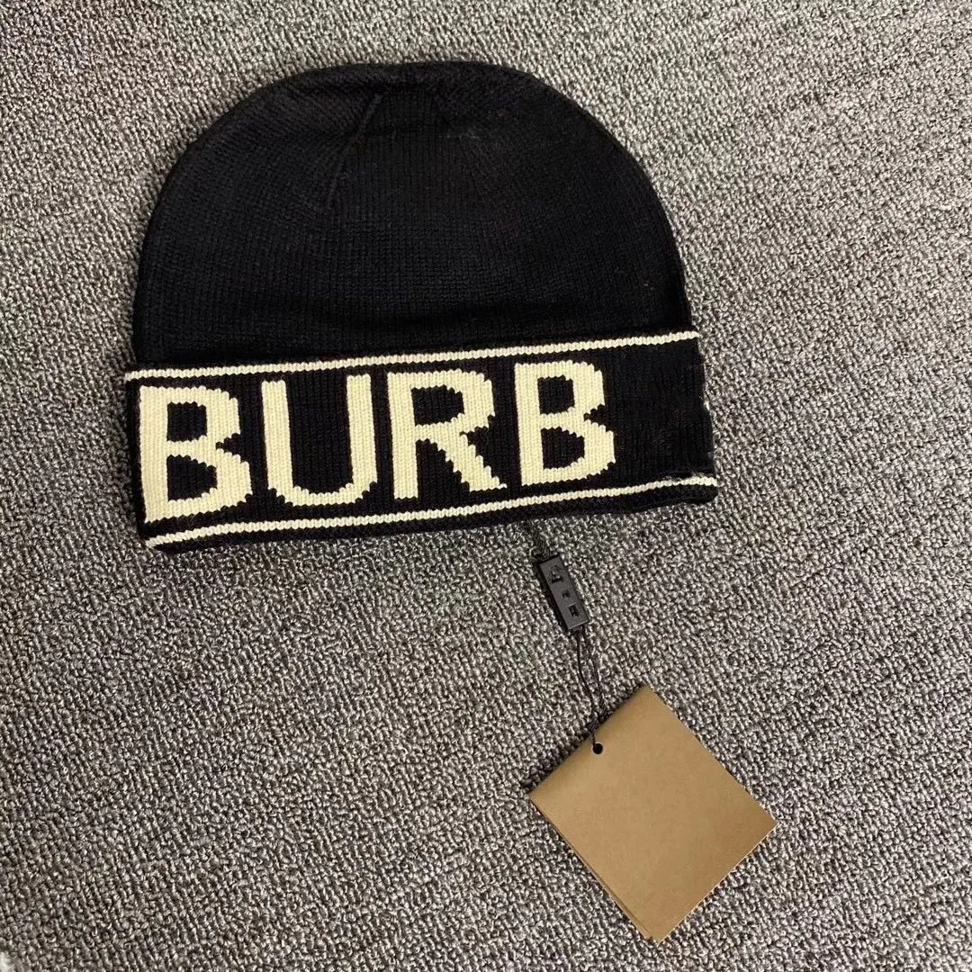 Classic Letter Embroidered Woolen Beanie Hats Styles Warm Knit Hat with Curling Edges Autumn and Winter