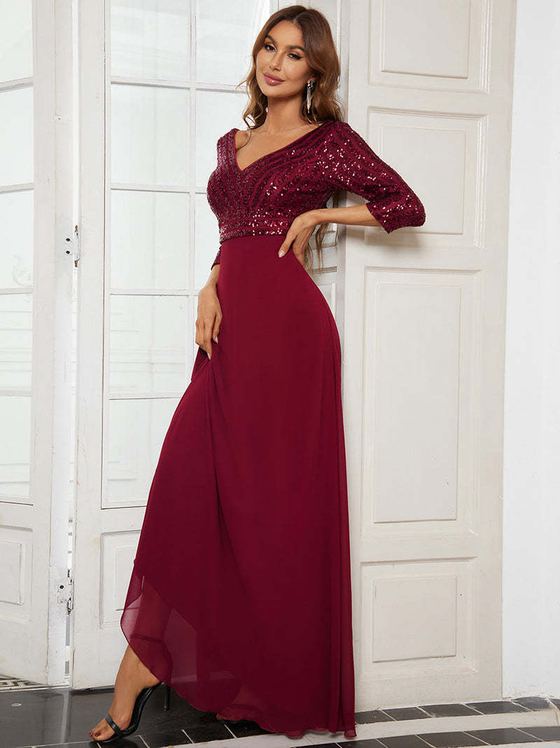 Party Dresses Elegant Evening Dresses Long V Neck A-Line Floor-Length Gown Ever Pretty of Contrast Sequin Chiffon Simple Prom Women Dress 230217