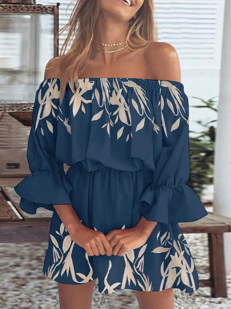 Casual Dresses Sexy Off Shoulder Women Chiffon Floral Beach Fashion Elegant Long Sleeve Party Summer Boho Mini 230217