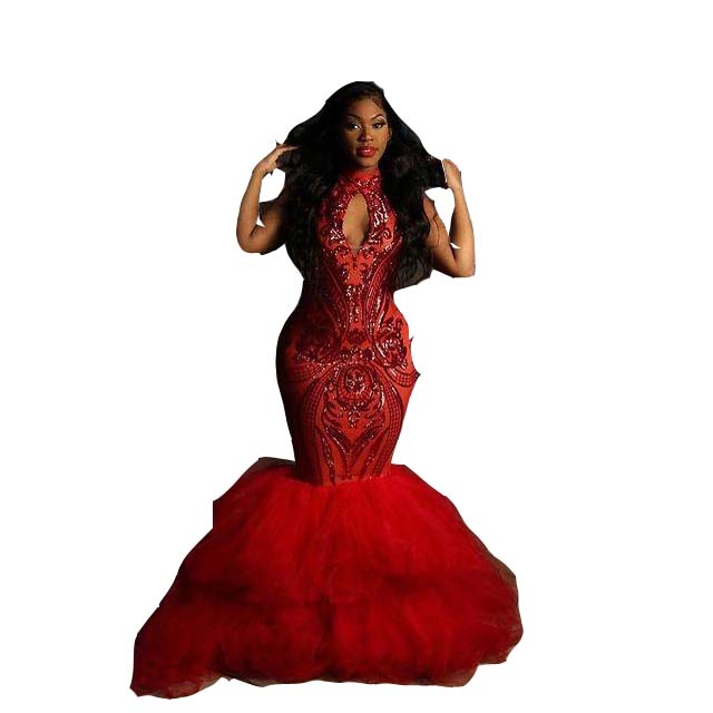 Sexy Red Mermaid Prom Dresses High Neck Keyhole Sequined Lace Tulle Sequins Tiered Ruffles Skirts Evening Gowns Plus Size Formal Party Dress 0218