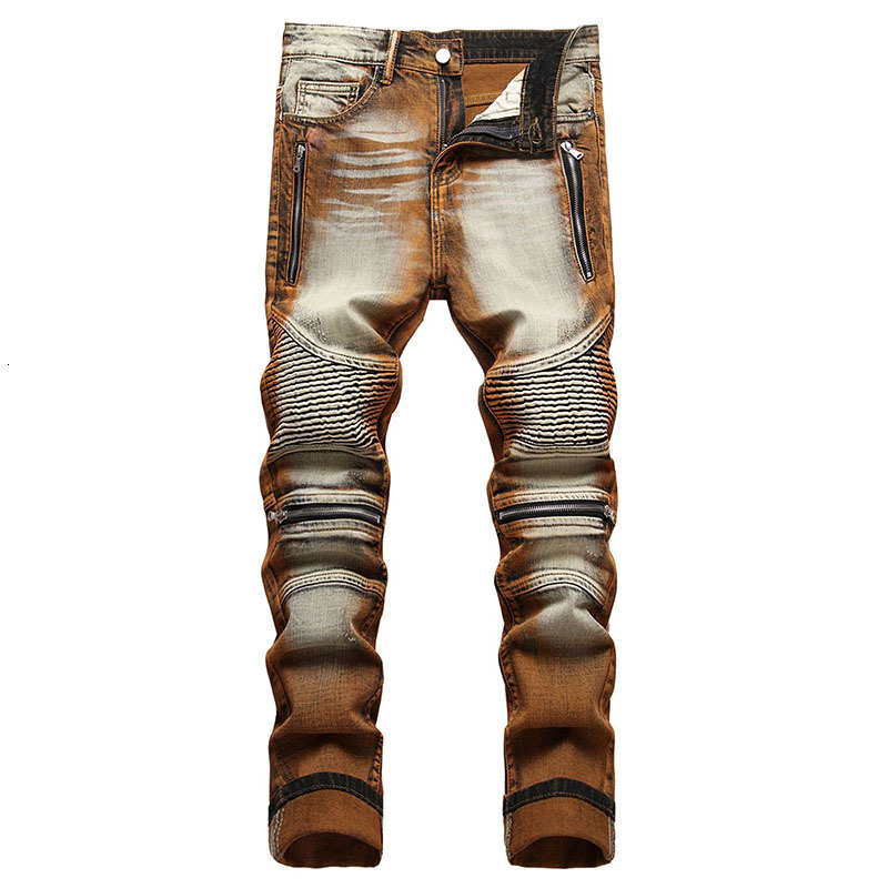 Men's Jeans High Quality Men Casual Coated Straight Pleated Biker Male Motorcycle Denim Pants Vaqueros Hombre Plus Size 42 230217