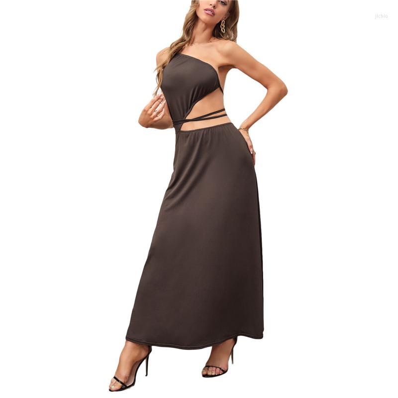 Casual Dresses Women A-line Dress Sexy Low Cut Elastic Waist Out Backless Sleeveless Solid Color Ankle Long Elegant Party