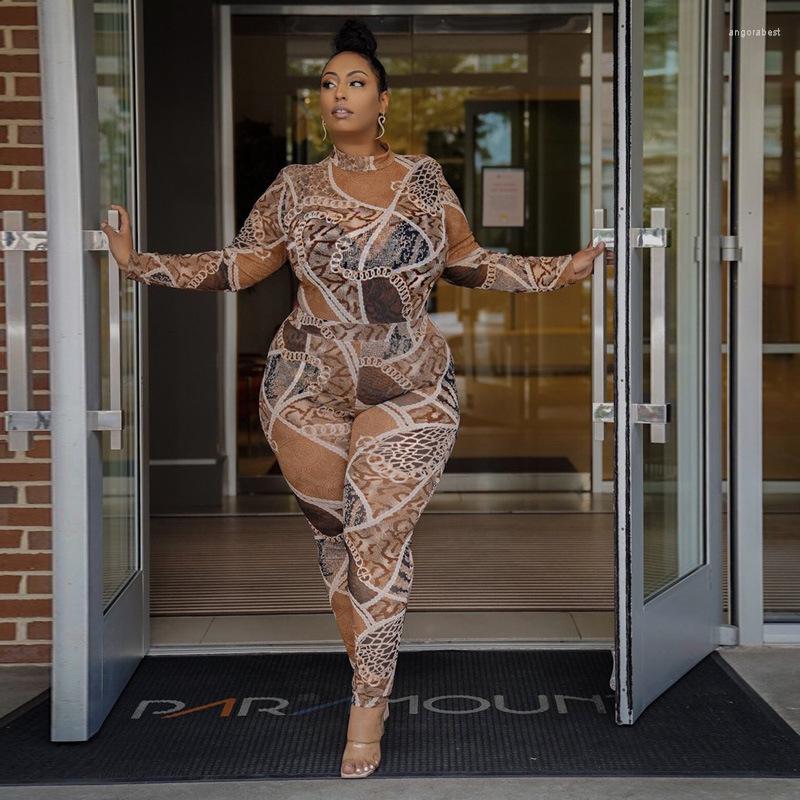 Tracksuits Sexy Outfits Women Plus Size Clothing Long Sleeve Bodysuit And Pants Clubwear Transparent Mesh Party Two Piece Set Drop, Black