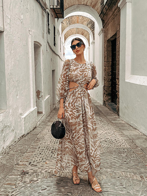 Casual Dresses Elegant Print Backless Women Spring Boho Long Sleeve Floral Hollow Out Loose Beach Vacation Lady 230217