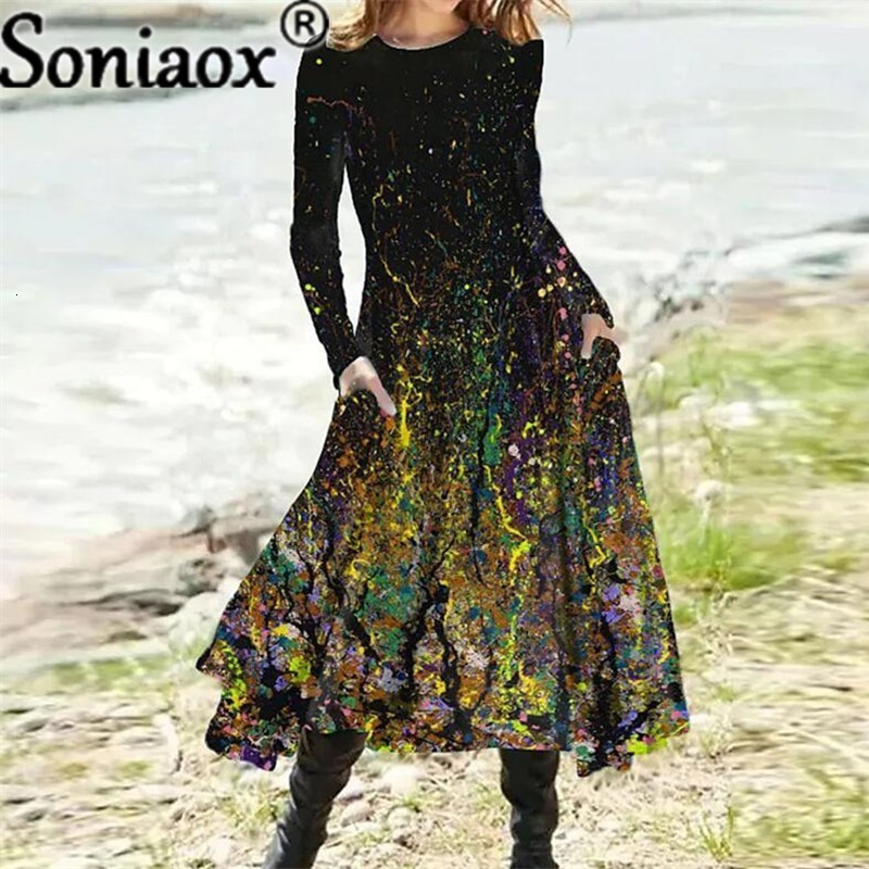 Casual Dresses Vintage Boho Gradient Printed Midi Long Dress Autumn Winter Elegant High Waist Pocket Sleeve A-line Female Street 5 230217
