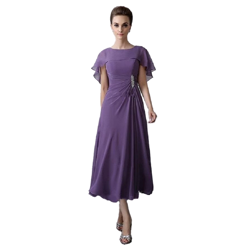 Chiffon A-Line Mother Of The Bride Dresses Tea Length Purple Wedding Guest Dress Pleats Cape Shawl Plus Size Groom Mom Prom Party Gowns Summer Formal 