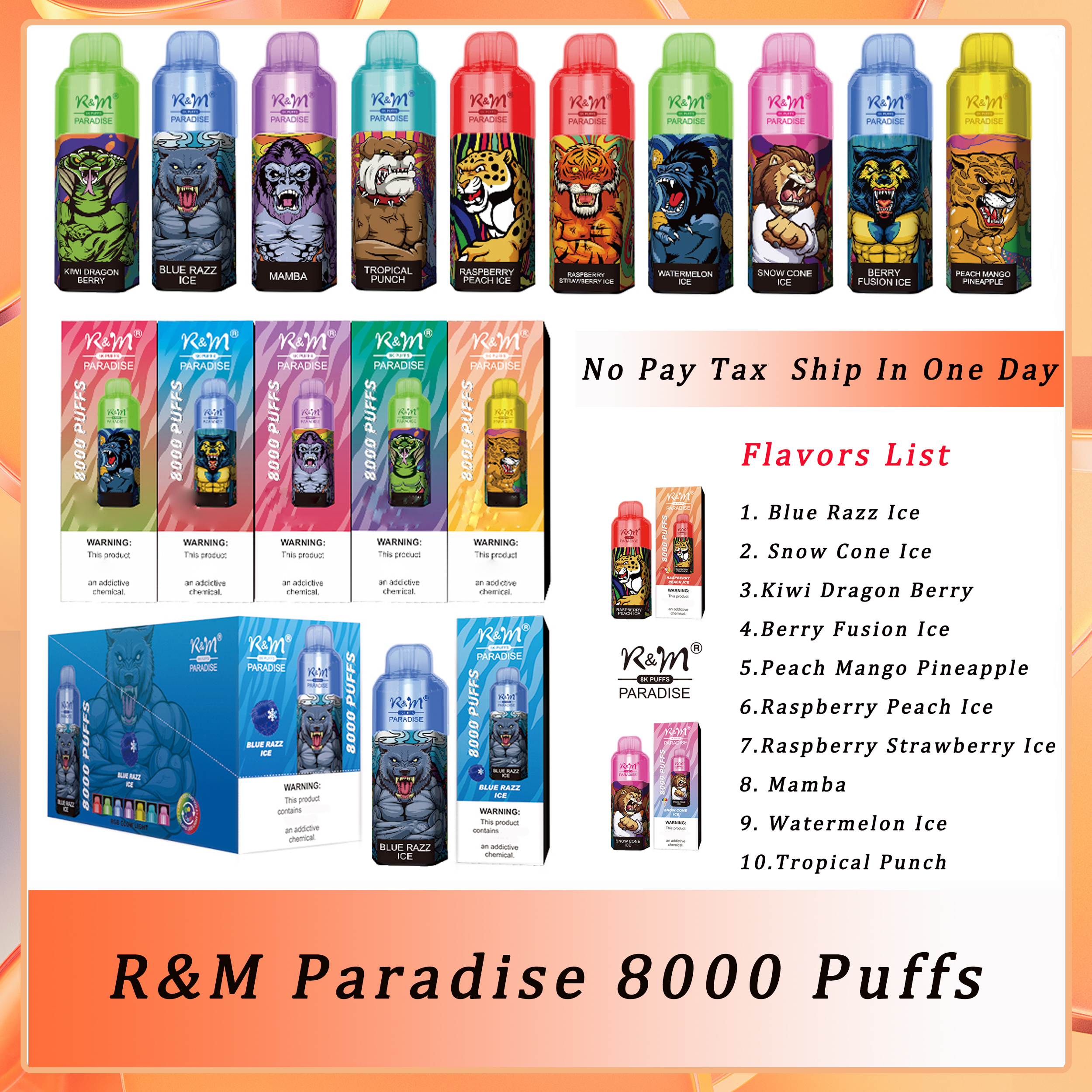 Original RM Paradise 8000 Puffs Disposable E Cigarette Vape Pen 15ml Prefilled 5% Pod 600Mah Rechargeable Battery RGB Flash Light Airflow Control Rm RandM 8K
Original RM Paradise 8000 Puffs Disposable E Cigarette Vape Pen 15ml Prefilled 5% Pod 600Mah Rechargeable Battery RGB Flash Light Airflow Control Rm RandM 8K