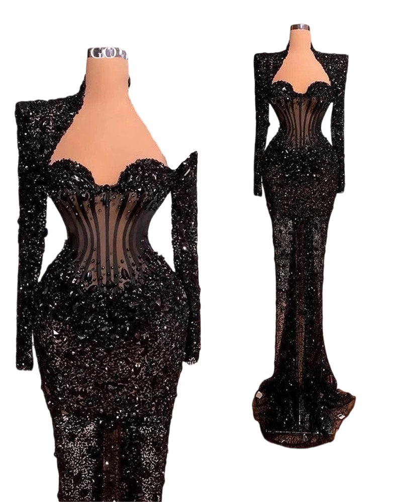 Gillter African Mermaid prom Dresses For Black Girls Beaded Sparkly Long sleeve Sweetheart evening Birthday Party Gown Robe