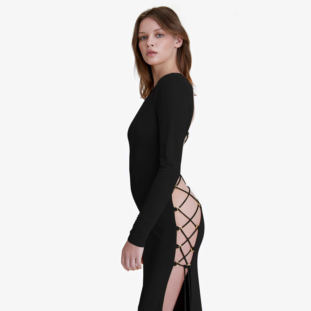 Casual Dresses Cryptographic Fall Fashion Bandage Long Sleeve Sexy Backless Maxi Dress Women Clothing Elegant Club Party Split 230217