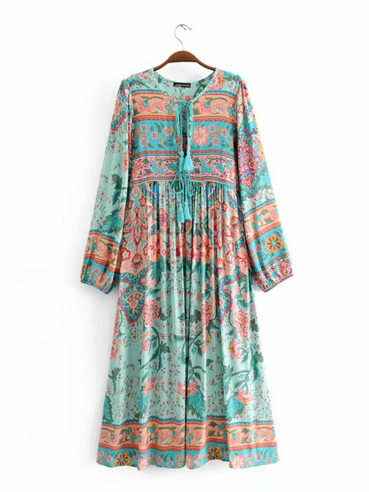 Casual Dresses Vintage Chic Fashion Women Long Sleeve Tassel Red Floral Print Beach Bohemian Maxi Ladies Cotton Pleated Boho Dress Robe 230217