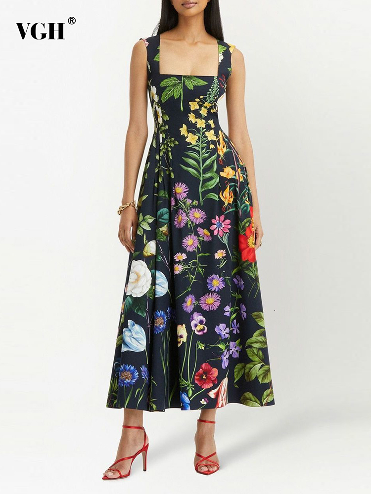 Casual Dresses VGH Vintage Print Floral Dress For Women Square Collar Sleeveless High Waist Backless Colorblock Midi Female Clothes 230217