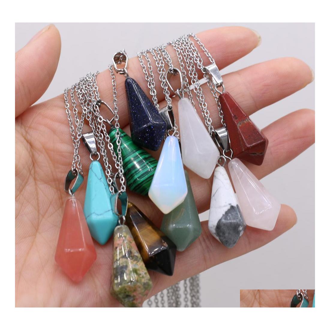 Pendant Necklaces Chakra Cone Shape Reiki Healing Natural Stone Pendum Necklace Turquoise Amethyst Pink Rose Crystal Link Yydhhome D Dh4Ch
Pendant Necklaces Chakra Cone Shape Reiki Healing Natural Stone Pendum Necklace Turquoise Amethyst Pink Rose Crystal Link Yydhhome D Dh4Ch