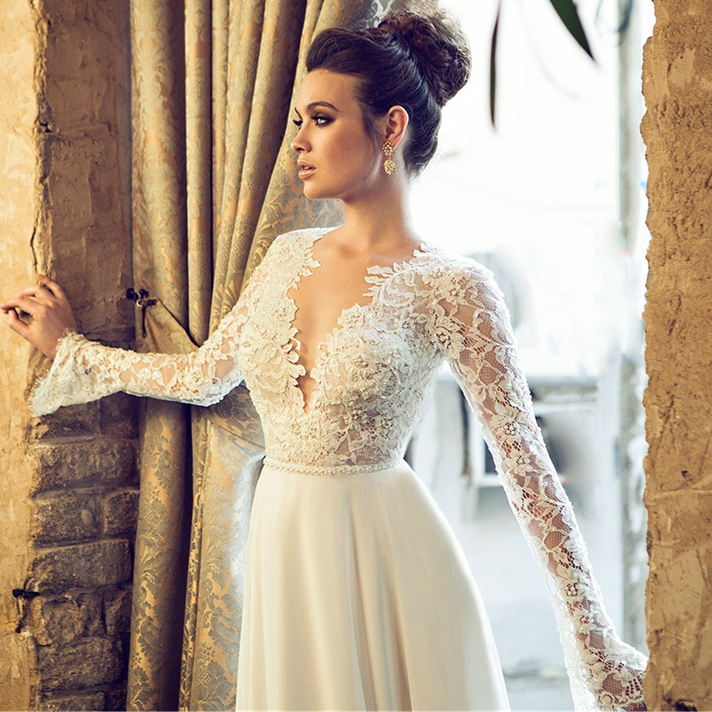 Berta Sexy A Line Weeding Dresses Deep V Neck Lace Appliques Top Quality Lace Floor Length Bridal Gowns Custom Made