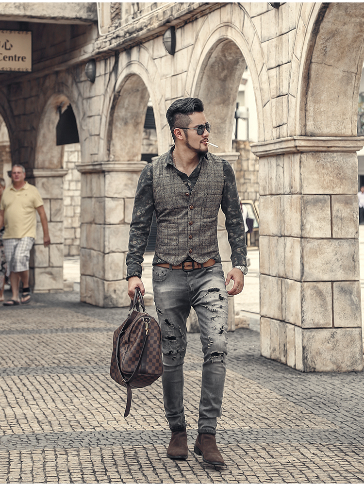 Men's Vests Mens Suit Men Brown Black Waistcoat Vest Man Plaid Steampunk Jacket Striped Tweed V neck Slim Fit Gilet Wedding Clothing 230217