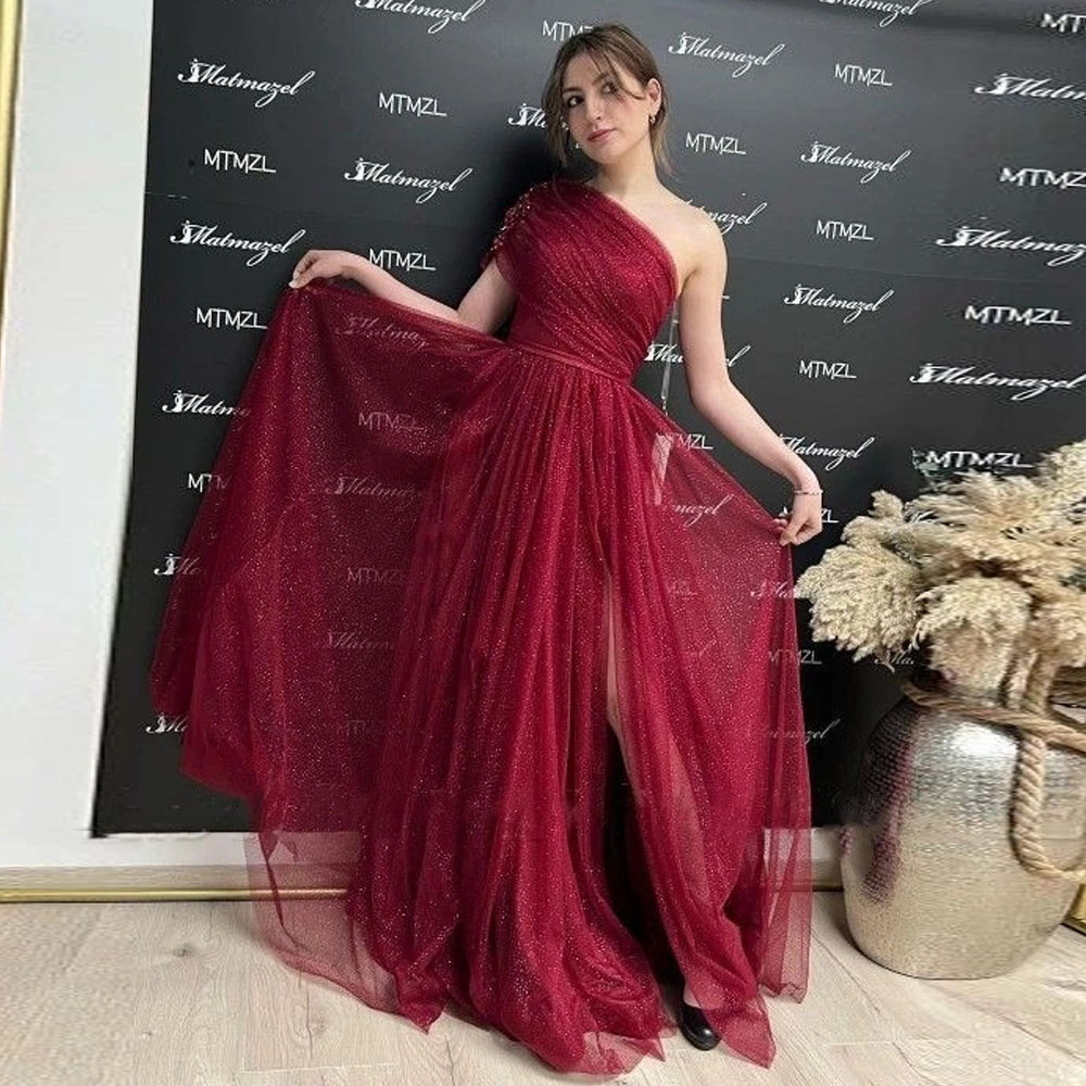 Shiny Bury Evening Dresses One Shoulder Beaded Pleats A Line High Slit Party Prom Gowns for Special Ocns 0516