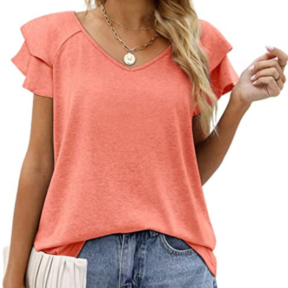 2022 New Cross-border European and American Women's Shirt V-neck Double Lotus Leaf Short-sleeved Ladies' T-shirt, Silver
2022 New Cross-border European and American Women's Shirt V-neck Double Lotus Leaf Short-sleeved Ladies' T-shirt, Silver